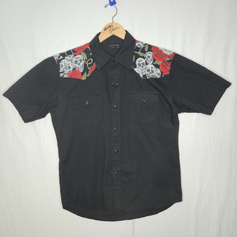 Living Dead Souls Men's Short Sleeved Collared Black Skull Rose Shirt Size XXL